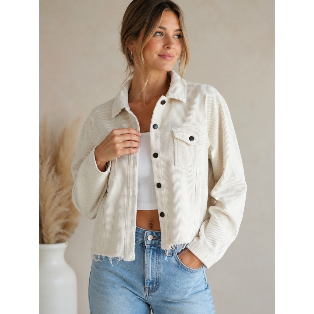 POL‎ Cream Corduroy Button Front Cropped Jacket Shacket Cream Ivory Large Grunge